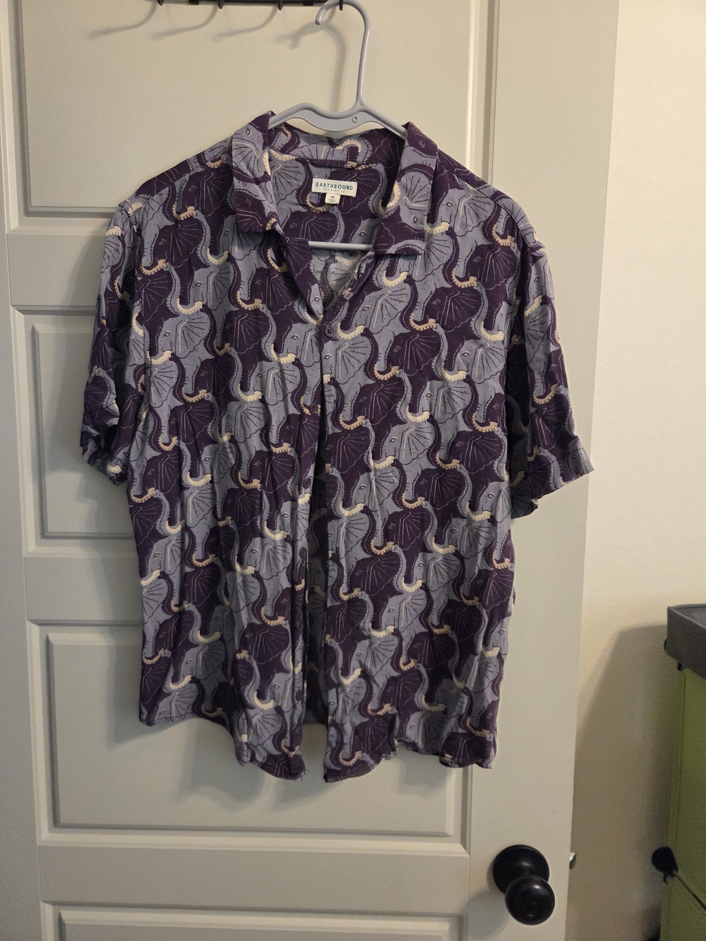 EARTHBOUND Purple Elephant-Print Short Sleeve Button-Up